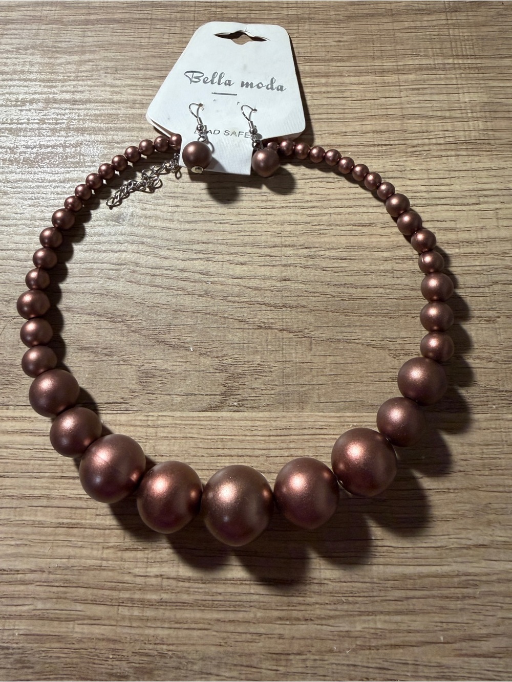 Bella moda Metallic Rose Gold Graduated Bead Necklace with Matching Earrings